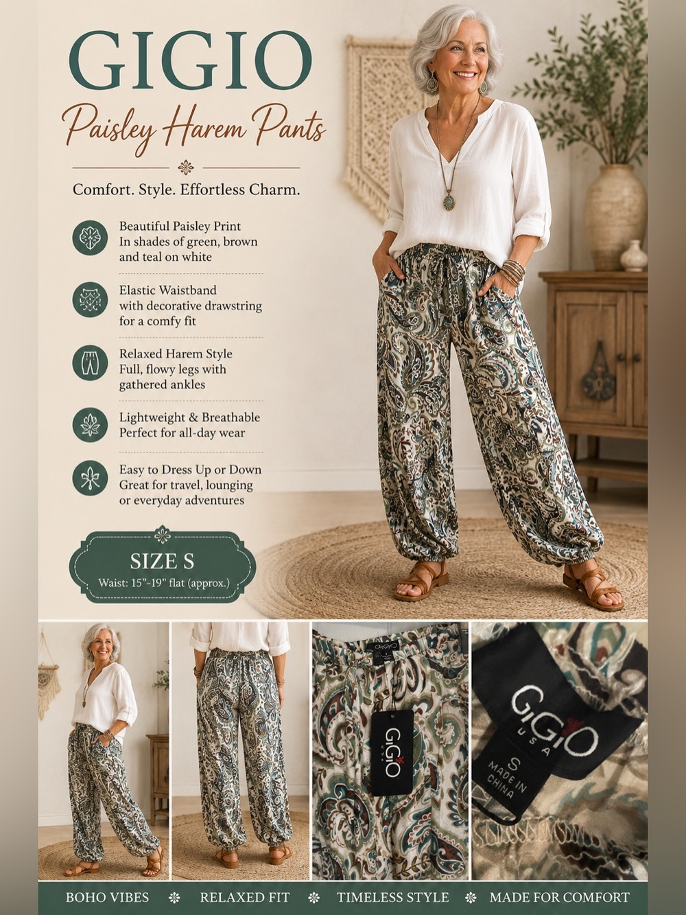 GIGIO White & Green Paisley Harem Pants S